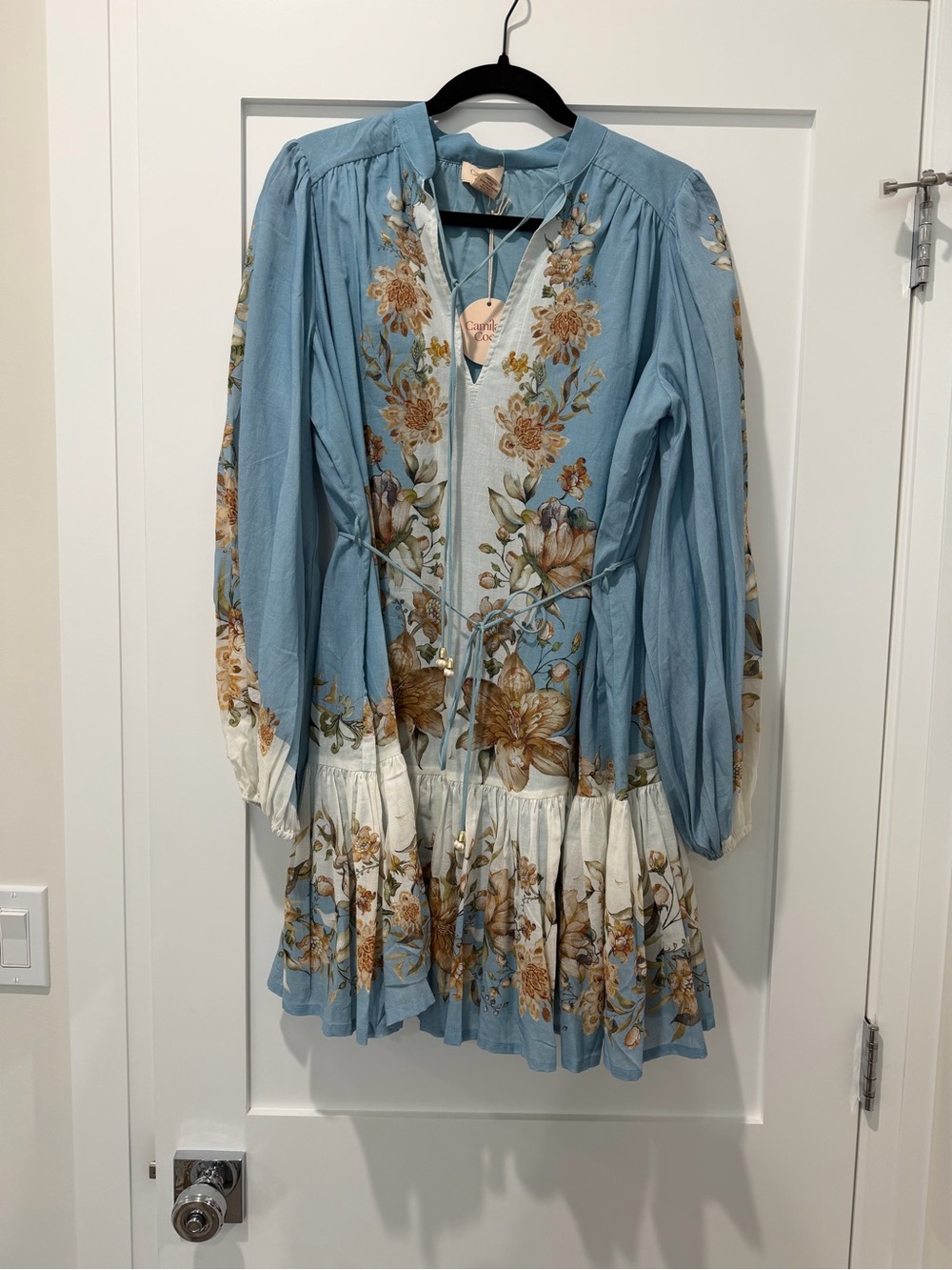 Camila Coelho Blue Floral Long Sleeve Tiered Mini Dress